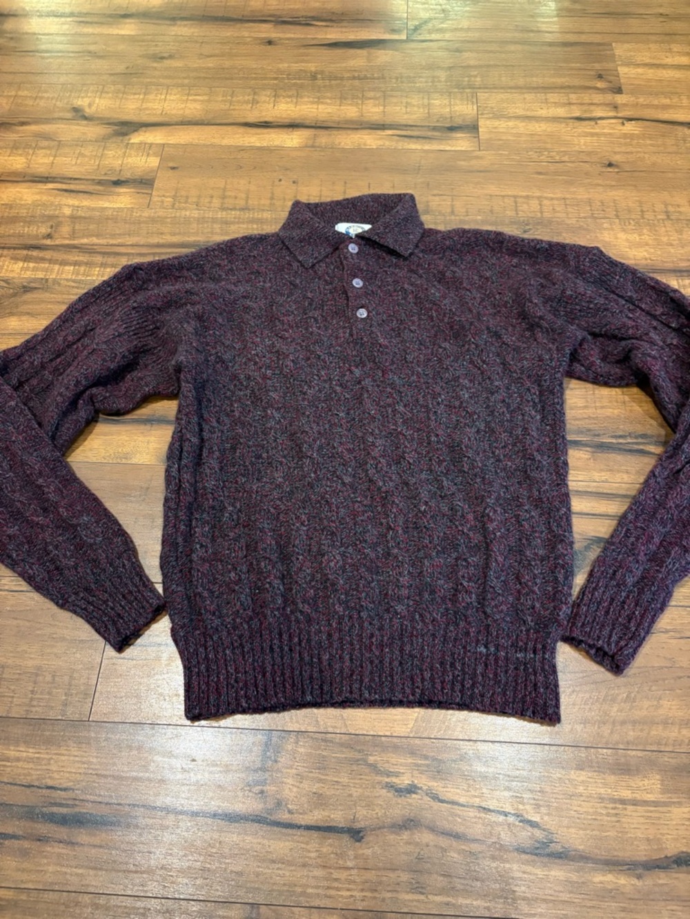 Vtg Harbor Club Mens Sweater 100% Wool Cable Knit Fisherman Burgundy Maroon